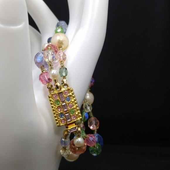 Vintage Beaded Crystal Bracelet, 3 Strands, Graziano Pastel Crystal Beads, 8 In. - Picture 7 of 11